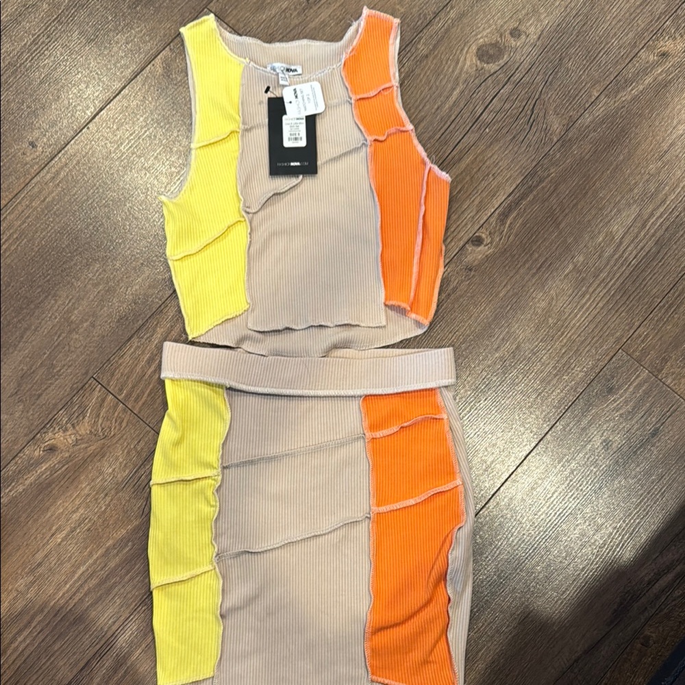Fashion Nova Vibrant Orange and Cream Skirt Set